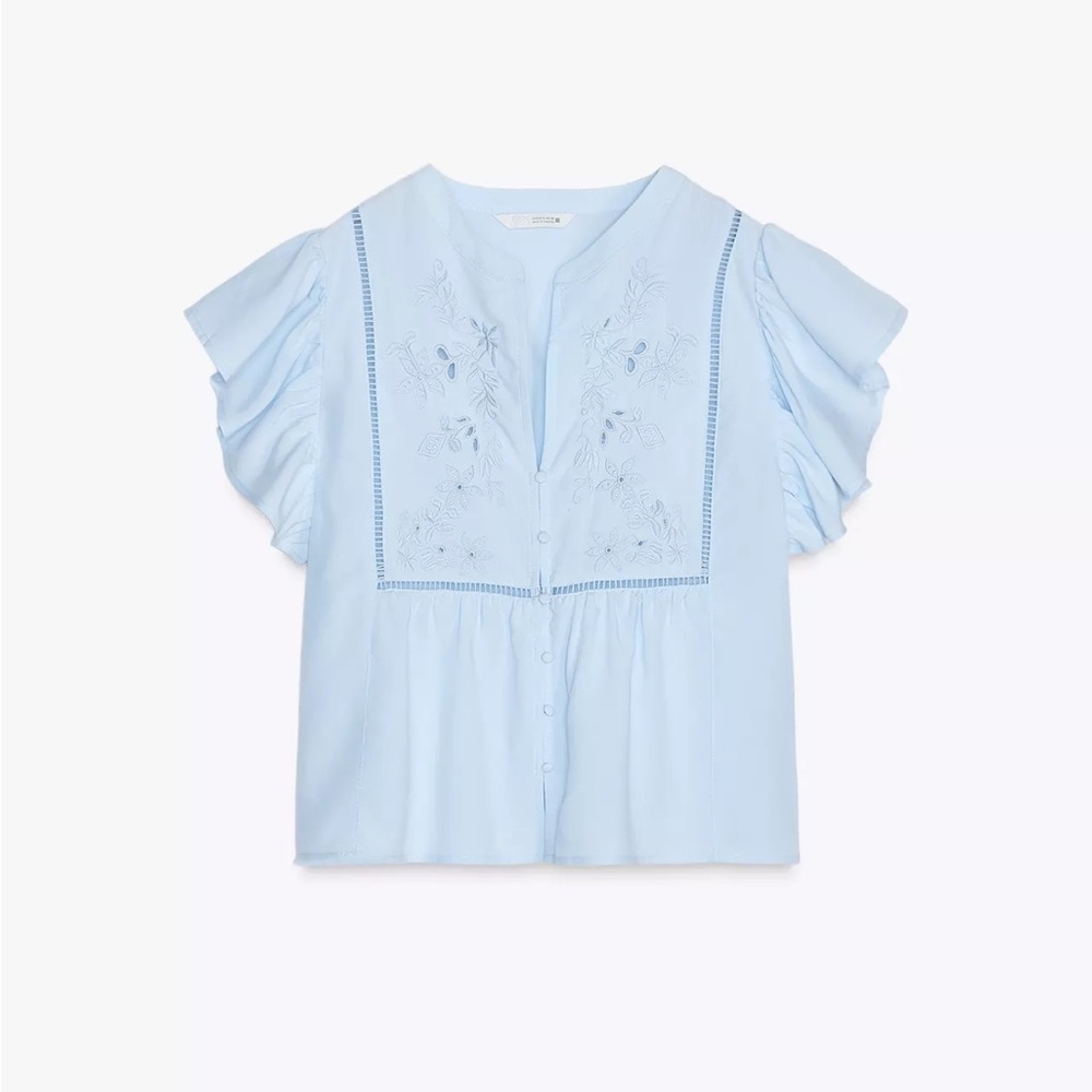 Zara Light Blue Embroidered Blouse